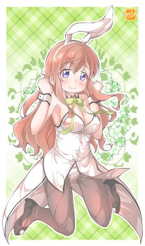 Rule 34 | 1girl, animal ears, black shoes, blush, breasts, brown hair, commentary request, gochuumon wa usagi desu ka?, green background, high heels, highres, hoto mocha, leotard, long hair, pantyhose, playboy bunny, purple eyes, rabbit ears, shoes, solo, takecho, white leotard, wrist cuffs