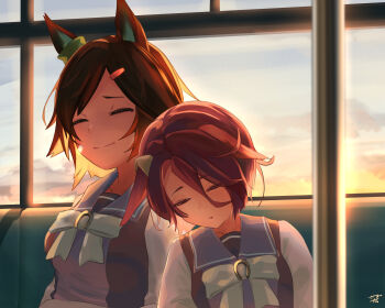 2girls absurdres animal_ears bandaid bandaid_on_cheek bandaid_on_face black_hair bow bowtie breasts brown_hair closed_eyes closed_mouth commentary_request ears_down hair_between_eyes hair_ornament hairclip highres horse_ears horse_girl leaning_on_person long_sleeves multiple_girls narita_taishin_(umamusume) parted_bangs purple_sailor_collar purple_serafuku purple_shirt sailor_collar sailor_shirt sasami_oishine school_uniform serafuku shirt short_hair sitting smile subway swept_bangs tracen_school_uniform train_interior umamusume white_bow white_bowtie winning_ticket_(umamusume)