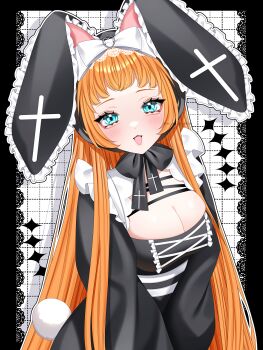 Rule 34 | 1girl, absurdres, animal ears, artist name, black border, black dress, blue eyes, border, breasts, cleavage, commentary, cross, cross-laced clothes, cross-laced dress, cross print, dress, eyelashes, fake animal ears, fake tail, grid background, heart, heart o-ring, highres, lace background, large breasts, light blush, long hair, long sleeves, looking at viewer, o-ring, open mouth, orange hair, original, outline, rabbit ears, rabbit tail, shadow, short bangs, smile, symbol-only commentary, tail, upper body, very long hair, wanko (yurika0320), white outline