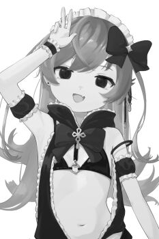 1girl armband armpits bikini black_bikini densi_ronto fang flat_chest frilled_armband frills greyscale highres loli long_hair looking_at_viewer maid_headdress monochrome monogatari_(series) navel o-ring o-ring_bikini o-ring_top open_mouth oshino_shinobu oshino_shinobu_(maidmade) skin_fang solo stomach swimsuit w