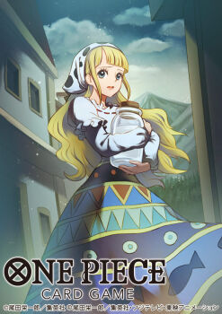 1girl blonde_hair blue_eyes blunt_bangs commentary_request copyright_name eyelashes headscarf holding long_hair long_sleeves moda_(one_piece) nekobayashi official_art one_piece one_piece_card_game open_mouth outdoors sidelocks skirt solo