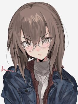 1girl alternate_costume aogisa bespectacled blush brown_eyes brown_hair closed_mouth denim denim_jacket glasses grey_background hair_between_eyes jacket kantai_collection looking_at_viewer medium_hair open_clothes shirt simple_background solo sweater taihou_(kancolle) transparent-framed_eyewear turtleneck turtleneck_sweater upper_body white_sweater