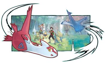 1boy 1girl absurdres artist_request backpack bag black_pants blue_eyes bow_hairband bracelet breloom brendan_(pokemon) brown_hair castform castform_(normal) flying gen_3_pokemon green_bag hairband hat highres jewelry latias latios legendary_pokemon makuhita manectric may_(pokemon) motion_lines nintendo official_art open_mouth pants pedestal pokemon pokemon_(creature) pokemon_oras red_hairband red_shirt second-party_source shirt shoes short_hair shorts sleeveless sleeveless_shirt speed_lines surprised surskit transparent_background white_hat white_shorts yellow_shoes