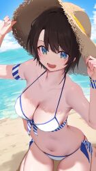 Rule 34 | 1girl, absurdres, alternate costume, armband, arms up, bare shoulders, beach, bikini, black hair, blue eyes, blue sky, breasts, cleavage, cloud, cloudy sky, collarbone, hat, highres, holding, holding clothes, holding hat, hololive, horizon, large breasts, looking at viewer, mikaku, navel, ocean, oozora subaru, open mouth, outdoors, seiza, short hair, sitting, sky, smile, solo, straw hat, striped armband, striped wristband, swimsuit, very short hair, virtual youtuber, white bikini, wristband