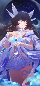 1girl absurdres bare_shoulders berserker_r black_hair breasts closed_eyes closed_mouth columbina_(genshin_impact) dress genshin_impact hair_ornament head_wings highres long_hair long_sidelocks multiple_wings no_mask purple_hair sidelocks small_breasts solo very_long_hair white_dress white_headdress white_wings wing_hair_ornament wings