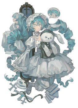 1girl absurdres alternate_hairstyle bloomers blue_eyes blue_hair bow bowtie commentary cross dress drill_hair dripping_eye floating frilled_headwear full_body hair_between_eyes hair_ornament hairband hairclip hatsune_miku headband highres holding holding_stuffed_toy huang_du_du juliet_sleeves lolita_fashion lolita_hairband long_hair long_sleeves looking_to_the_side multiple_views painterly pantyhose puffy_sleeves ribbon shoes sidelocks stuffed_animal stuffed_rabbit stuffed_toy symbol-only_commentary twin_drills underwear very_long_hair vocaloid white_bloomers white_bow white_dress white_headband white_pantyhose white_ribbon white_shoes