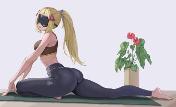 1girl alternate_costume ass bare_arms bare_shoulders barefoot blindfold_mask blonde_hair blue_pants bra breasts brown_bra commentary covered_eyes english_commentary exercising fingers_on_ground flower from_side full_body glowing_mask grey_background hair_ornament highres indoors large_breasts long_hair mask open_mouth pants ponytail red_flower solo sports_bra tight_clothes tight_pants triangle_hair_ornament trigger_(zenless_zone_zero) underwear vase vulphree zenless_zone_zero