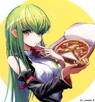 1girl absurdres breasts c.c. code_geass commentary_request detached_sleeves food green_hair highres holding holding_food holding_pizza large_breasts long_hair looking_at_viewer pizza pizza_box pizza_slice s_panda_k simple_background sleeveless sleeveless_turtleneck solo turtleneck yellow_eyes