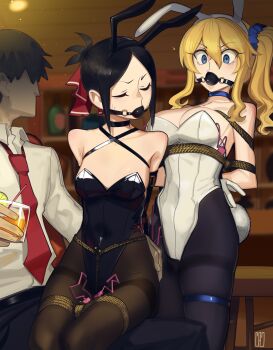 1boy 2girls absurdres animal_ears ball_gag bdsm black_hair black_leotard blonde_hair blue_eyes bondage bound cad_(caddo) commission fake_animal_ears gag hayasaka_ai highres kaguya-sama_wa_kokurasetai_~tensai-tachi_no_renai_zunousen~ leotard multiple_girls playboy_bunny red_eyes restrained second-party_source shibari shinomiya_kaguya strapless strapless_leotard white_leotard