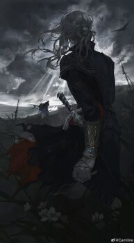 1boy 1girl absurdres bird chinese_commentary cloud commentary_request dark_cloud duchess_(elden_ring) earrings elden_ring elden_ring_nightreign floating_hair from_behind full_body gloves grass grey_gloves hair_bun highres holding holding_pocket_watch jewelry long_hair long_sleeves looking_ahead muted_color overcast pocket_watch ramiica scabbard sheath sheathed sky standing surcoat sword torn_clothes vambraces watch watermark weapon weibo_watermark wind wylder_(elden_ring)