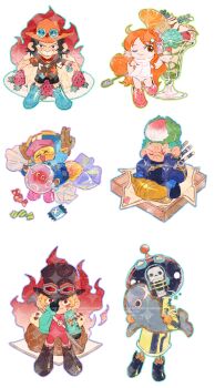 1girl 2024 5boys ^_^ afro alternate_costume antlers blonde_hair blue_gloves bodysuit boots brook_(one_piece) brook_(one_piece)_(egghead) candy closed_eyes commentary_request food freckles fruit gloves green_hair hat headphones heart highres horns jacket laboon leotard long_hair mandarin_orange multiple_boys nami_(one_piece) nami_(one_piece)_(egghead) official_alternate_costume one_eye_closed one_piece orange_hair portgas_d._ace reindeer_antlers roronoa_zoro roronoa_zoro_(egghead) sabo_(one_piece) short_hair siyangou49 skeleton smile standing standing_on_one_leg strawberry tony_tony_chopper tony_tony_chopper_(egghead) watermark white_leotard