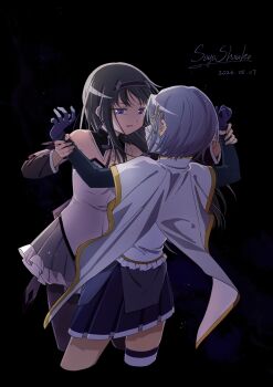 2girls absurdres akemi_homura akemi_homura_(magical_girl) artist_name bandage_on_face bandages black_background black_hair blue_hair cropped_legs dated detached_sleeves elbow_gloves fortissimo gloves highres holding_another's_wrist jewelry long_hair looking_at_another mahou_shoujo_madoka_magica mahou_shoujo_madoka_magica:_walpurgis_no_kaiten mahou_shoujo_madoka_magica_(anime) miki_sayaka miki_sayaka_(magical_girl) multiple_girls necklace open_mouth purple_eyes saya5939 short_hair simple_background skirt soul_gem