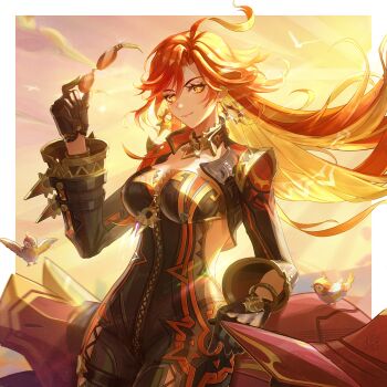Rule 34 | 1girl, ahoge, biker clothes, bikesuit, bird, black bodysuit, black gloves, blonde hair, bodysuit, border, breasts, closed mouth, colored inner hair, commentary request, cowboy shot, earrings, flamestrider (genshin impact), floating hair, genshin impact, gloves, hair between eyes, hand up, highres, holding, holding removed eyewear, jewelry, large breasts, long hair, long sleeves, looking at viewer, manyu chapaofan, mavuika (genshin impact), motor vehicle, motorcycle, multicolored hair, orange eyes, orange hair, orange pupils, outdoors, partially unzipped, smile, solo, sun, sun earrings, sunglasses, sunlight, sunrise, unworn eyewear, very long hair, white border