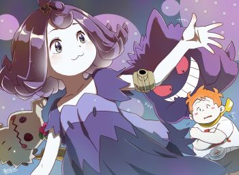 1boy 1girl :3 acerola_(pokemon) armlet belt black_shorts blush blush_stickers collarbone gen_1_pokemon gen_7_pokemon gengar grey_eyes hair_ornament hairpin highres hijirino_yuuta jewelry mimikyu nintendo orange_hair patchwork_clothes pokemon pokemon_sm purple_hair red_eyes shirt short_hair shorts signature sophocles_(pokemon) white_shirt