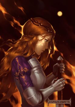 1girl armor breasts brown_eyes brown_hair closed_mouth commentary english_commentary facial_mark fire from_side gauntlets holding holding_sword holding_weapon long_hair looking_down lydialing_draws nose original profile realistic small_breasts solo sword upper_body weapon