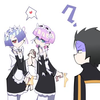 3boys 3qaq apron back_bow bare_shoulders black_dress black_hair blue_eyes blue_hair blunt_bangs bow brothers cosplay crossdressing crossdressing_(mtf) crossover detached_sleeves dress frilled_apron frilled_dress frilled_sleeves frills hair_over_one_eye hashtag-only_commentary heart highres holding holding_hands holding_panties holding_underwear holding_unworn_clothes interlocked_fingers jacket maid maid_headdress male_focus male_maid multiple_boys natsuki_subaru official_style panties panty_&amp;_stocking_with_garterbelt pantyhose pink_hair polyester_(psg) polyurethane_(psg) ram_(re:zero) ram_(re:zero)_(cosplay) re:zero_kara_hajimeru_isekai_seikatsu red_eyes rem_(re:zero) rem_(re:zero)_(cosplay) roswaal_mansion_maid_uniform shared_speech_bubble short_hair siblings simple_background speech_bubble spoken_heart trap turn_pale underwear unworn_panties white_background white_pantyhose wide_sleeves yellow_panties