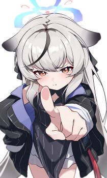 1girl :t absurdres animal_ears black_dress black_streaks blue_archive blue_halo blush china_dress chinese_clothes clothing_cutout commentary diamond_cutout dress grey_hair halo hand_on_own_hip highres jacket kokona_(blue_archive) long_hair looking_at_viewer multicolored_hair orange_eyes outstretched_arm pelvic_curtain pointing pointing_at_viewer pout shanqianqian_377 simple_background solo streaked_hair striped_clothes striped_dress striped_jacket tiger_ears tiger_girl vertical-striped_clothes vertical-striped_dress vertical-striped_jacket white_background