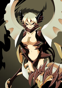 1girl amauchi android black_sclera breasts bright_pupils claws colored_sclera colored_skin commentary_request highres humanoid_robot mechanical_ears mechanical_legs mechanical_tail medium_breasts mon-musu_quest! monster_girl navel pussy robot smile solo tail tsukuyomi_(mon-musu_quest!) white_pupils yellow_skin