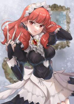 1girl alternate_costume black_gloves celica_(fire_emblem) commission dress earrings fingerless_gloves fire_emblem fire_emblem_echoes:_shadows_of_valentia fire_emblem_fates gem gloves holding holding_knife jewelry knife long_hair maid maid_headdress mirror nintendo nohrian_maid_uniform orange_eyes orange_hair princess red_gemstone ribbon short_dress skeb_commission snow20200