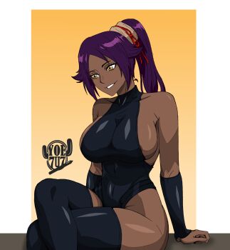 1girl absurdres artist_name bare_shoulders black_leotard black_thighhighs bleach bleach:_sennen_kessen-hen breasts collarbone crossed_legs dark-skinned_female dark_skin hair_ornament highres large_breasts leotard long_hair parted_bangs ponytail purple_hair shihouin_yoruichi sideboob simple_background sitting thighhighs thighs yellow_eyes yoe_7u7