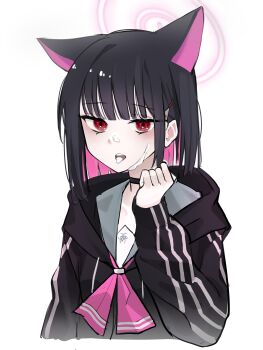 1girl absurdres animal_ears black_choker black_hair black_hoodie blue_archive blunt_bangs blunt_ends blush bob_cut cat_ears cat_girl choker clenched_hand colored_inner_animal_ears colored_inner_hair commentary cream cream_on_face extra_ears eyelashes food food_on_face green_sailor_collar hair_behind_ear hair_ornament hairclip halo hand_up highres hood hood_down hoodie ka_keo kazusa_(blue_archive) korean_commentary looking_at_viewer medium_hair multicolored_hair neckerchief open_mouth pink_hair pink_halo pink_neckerchief red_eyes sailor_collar school_uniform serafuku sexually_suggestive simple_background sitting_on_water sleeves_past_wrists solo sparkling_eyes straight_hair suggestive_fluid teeth tongue tongue_out tsurime two-tone_hair upper_body upper_teeth_only white_background