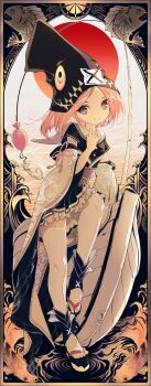 1girl card_(medium) commentary_request dress fish fishing_rod flat_chest full_body grey_eyes highres looking_at_viewer okobo original pink_hair platform_sandals red_sun sandals smile solo sumi_keiichi tarot tarot_(medium) thighhighs zettai_ryouiki