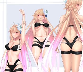 1girl absurdres ahoge archetype_earth archetype_earth_(third_ascension) arcueid_brunestud arm_up armpits ass bikini bikini_bottom_only bikini_pull bikini_top_only black_bikini blonde_hair blue_notuki blush breasts butt_crack clothes_pull fate/grand_order fate_(series) flower flustered hair_flower hair_ornament highres holding_own_arm large_breasts long_hair looking_at_viewer looking_back medium_breasts navel one_eye_closed simple_background stretching swimsuit thick_thighs thighs
