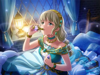 Rule 34 | 1girl, aqua dress, bracelet, braid, collarbone, cosplay, crying, crying with eyes open, curtains, dress, drinking, earrings, furrowed brow, game cg, holding, indoors, jewelry, juliet capulet, juliet capulet (cosplay), lamp, necklace, official art, on bed, poison, romeo and juliet, shoujo kageki revue starlight, shoujo kageki revue starlight -re live-, solo, tears, upper body, window, yumeoji shiori