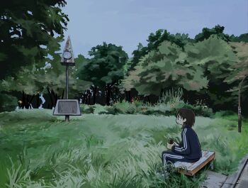 1girl ag24q analog_clock bench black_hair blue_jacket blue_pants bush clock cup disposable_coffee_cup disposable_cup grass highres holding holding_cup jacket nature original overcast pants park scenery short_hair sitting sky solo track_suit tree