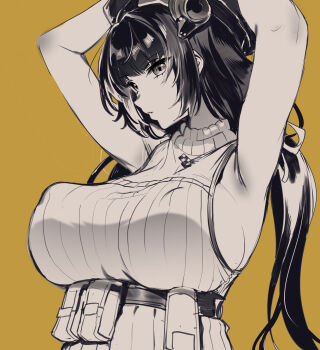 1girl andou_shuki armpits arms_up belt belt_pouch beret breasts check_commentary chest_belt closed_mouth commentary_request covered_erect_nipples girls'_frontline girls'_frontline_2:_exilium greyscale_with_colored_background hair_ribbon hat highres large_breasts long_hair low_twintails pouch ribbon ro635_(girls'_frontline) robella_(girls'_frontline_2) sideboob sidelocks sleeveless sleeveless_sweater solo sweater twintails underbust upper_body yellow_background