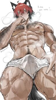 1boy abs absurdres animal_ear_fluff animal_ears arm_hair biceps black_hair blush boxer_briefs bulge chest_hair closed_mouth commentary embarrassed english_commentary english_text erection erection_under_clothes from_below hairy highres komano_manato krisska505745 male_focus male_pubic_hair male_underwear multicolored_hair muscular muscular_male navel navel_hair nipples pectorals pubic_hair puff_of_air red_eyes red_hair scar scar_on_chest scar_on_leg simple_background solo speech_bubble sweat thick_thighs thighs twitter_username two-tone_hair underwear underwear_only veins veiny_arms white_background white_male_underwear zenless_zone_zero