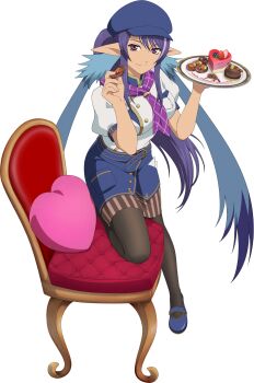 Rule 34 | 1girl, artist request, black pantyhose, blue hair, blue hat, blue shoes, blue skirt, breasts, cake, chair, chocolate, closed mouth, cookie, cushion, food, full body, game cg, hat, heart cushion, highres, holding, holding chocolate, holding food, holding plate, judith (tales), large breasts, long hair, looking at viewer, multicolored hair, official alternate costume, official art, pantyhose, plate, pointy ears, purple eyes, purple hair, shirt, shoes, skirt, smile, solo, tales of (series), tales of asteria, tales of vesperia, third-party source, transparent background, twintails, two-tone hair, very long hair, white shirt