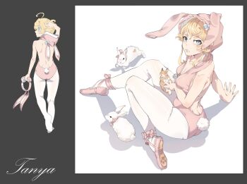 1girl absurdres ahoge alternate_costume animal_ear_hood animal_ears ass back back_focus backless_leotard ballet_slippers bare_back bare_shoulders blonde_hair blue_eyes breasts butt_crack character_name cleavage collarbone commentary fake_animal_ears fake_tail firstdayiyui from_behind full_body highres hood hood_down hooded_leotard leotard lips looking_at_viewer median_furrow medium_hair multiple_views pantyhose parted_lips pink_leotard pink_shoes profile rabbit rabbit_ears rabbit_tail shoes shoulder_blades sitting small_breasts standing tail tanya_degurechaff thighs walking white_pantyhose youjo_senki