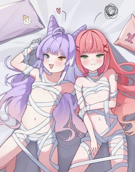 2girls absurdres ahoge arm_around_shoulder arm_at_side bandages blue_eyes blush breasts closed_mouth dot_nose fang flat_chest frown green_eyes hair_intakes hair_ornament hair_spread_out hairclip hanako_nana hand_on_another's_arm hand_on_own_elbow hand_up hashtag-only_commentary heterochromia highres inari_(tenko_shibuki) long_hair looking_at_viewer lying multicolored_hair multiple_girls naked_bandage navel on_back on_bed open_mouth orange_eyes parallel_hairclips peto_(hanako_nana) pillow pink_hair purple_hair raised_inner_eyebrows selectionchoco small_breasts smile stellive stomach streaked_hair tenko_shibuki v-shaped_eyebrows very_long_hair virtual_youtuber wispy_bangs x_hair_ornament