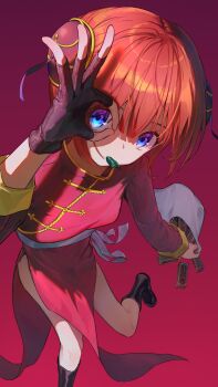 1girl absurdres bag blue_eyes boots breasts bun_cover china_dress chinese_clothes commentary_request double_bun dress eye_focus fingerless_gloves gintama gloves hair_between_eyes hair_bun highres holding holding_bag kagura_(gintama) looking_at_viewer ok_sign ok_sign_over_eye orange_hair simple_background solar_torch