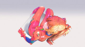 Rule 34 | 1girl, absurdres, blue eyes, bodysuit, breasts, from above, full body, gradient background, hair ornament, hairpods, highres, interface headset (evangelion), long hair, looking at viewer, mecha pilot suit, medium breasts, multicolored bodysuit, neon genesis evangelion, open mouth, orange hair, plugsuit (evangelion), rasputin (syr syr ss), red bodysuit, simple background, sitting, skin tight, smile, solo, souryuu asuka langley
