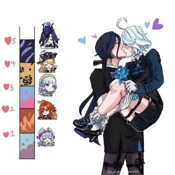 6+girls ahoge aiming aiming_at_viewer ascot ayaka_(genshin_impact) bakeryowl black_hat black_jacket black_pantyhose black_skirt blonde_hair blue_ascot blue_eyes blue_shirt blue_streaks carrying clorinde_(genshin_impact) closed_eyes commentary cup earrings english_commentary furina_(genshin_impact) genshin_impact gloves gun hat heart highres holding holding_gun holding_weapon jacket jewelry kiss kiss_meter_(meme) long_hair mavuika_(genshin_impact) meme multiple_girls navia_(genshin_impact) pantyhose ponytail princess_carry purple_hair red_eyes red_hair shirt short_hair simple_background skirt teacup thigh_strap weapon white_background white_gloves white_hair yumemizuki_mizuki yuri