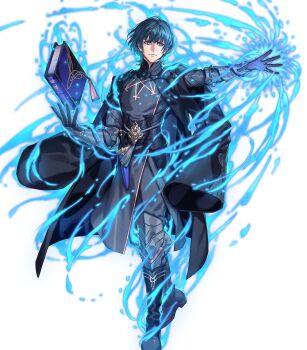 1boy armor attack aura belt black_armor black_belt black_boots black_cape black_gloves black_pants blue_aura blue_eyes blue_hair book boots cape closed_mouth dagger emblem_(fire_emblem_engage) fire_emblem fire_emblem:_three_houses fire_emblem_engage fire_emblem_heroes floating floating_book floating_object fujisaka_kimihiko full_body gloves glowing glowing_hand highres holding holding_book knife long_sleeves looking_at_viewer male_byleth_(fire_emblem) male_focus nintendo non-web_source official_art pants sheath sheathed short_hair solo weapon