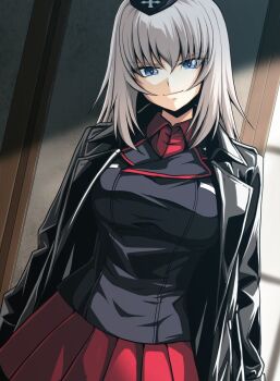 1girl black_jacket breasts feet_out_of_frame garrison_cap girls_und_panzer hat highres indoors itsumi_erika jacket kamishima_kanon kuromorimine_military_uniform large_breasts looking_at_viewer medium_hair red_shirt red_skirt school_uniform shirt skirt smile solo standing white_hair