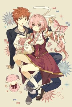 Rule 34 | 1girl, bow, breasts, brown vest, couple, dress, emiya shirou, eye contact, fate/stay night, fate (series), full body, gaoyue jixiang, groom, hair bow, highres, long hair, looking at another, momomiya shizuku (gaoyue jixiang), oc x canon, orange hair, original, pants, pastels, pink eyes, raglan sleeves, red hair, ribbon, sheep, skirt, vest, wool