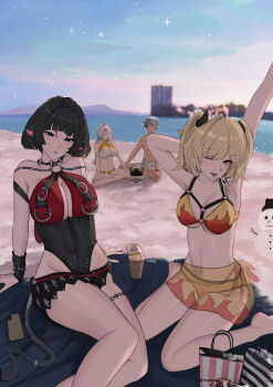 1boy 3girls 51325 abs absurdres alternate_costume animal_ears arm_support armpits arms_up bag bangboo_(zenless_zone_zero) bare_shoulders barefoot beach belion_(zenless_zone_zero) bikini black_hair black_leotard black_one-piece_swimsuit black_sarong blonde_hair blue_eyes blurry blurry_background breast_curtains breasts burnice_white cellphone cleavage closed_eyes collarbone commentary english_commentary flame_print grey_hair hair_ornament hairpin head_tilt highres jane_doe_(nocturne_of_light)_(zenless_zone_zero) jane_doe_(zenless_zone_zero) large_breasts leather_leotard leotard long_hair looking_at_viewer mouse_ears mouse_girl mouse_tail multicolored_hair multiple_girls navel o-ring o-ring_swimsuit ocean official_alternate_costume one-piece_swimsuit open_mouth phone red_eyes red_hair red_one-piece_swimsuit sand sarong short_hair short_twintails sitting sky smartphone snowman star_(sky) starry_sky stomach stretching swimsuit tail twintails two-tone_one-piece_swimsuit wariza water white_hair wise_(zenless_zone_zero) yellow_bikini yellow_sarong yixuan_(zenless_zone_zero) zenless_zone_zero