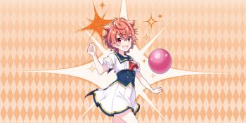 Rule 34 | 1girl, :d, argyle background, ball, blue corset, blue sailor collar, breasts, buttons, corset, cowboy shot, dot nose, double-breasted, double-parted bangs, dress, fang, game cg, hair flaps, hair ornament, hairclip, hand up, highres, lapis re:lights, looking at viewer, messy hair, official art, open mouth, orange background, orange hair, puffy short sleeves, puffy sleeves, red eyes, sailor collar, salsa (lapis re:lights), school uniform, short hair, short sleeves, skin fang, skirt, small breasts, smile, solo, sparkle background, third-party source, white dress, white skirt