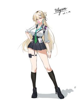 1girl absurdres aqua_necktie black_shoes blonde_hair blouse blowing_bubble_gum braid braided_bangs chewing_gum collared_shirt commentary_request earrings gs25 hair_between_eyes hair_ornament headphones headphones_around_neck highres id_card jelly_drink jewelry long_hair long_sleeves lynae_(wuthering_waves) multicolored_hair necktie roller_shoes school_uniform shirt shirt_tucked_in shoes skirt skull_hair_ornament spray_can star_(symbol) star_earrings uleysess user_rfek3348 white_shirt wuthering_waves