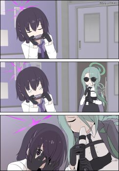 2girls black_hair blue_archive braid coat flute gloves green_hair halo harmonica instrument jacket jacket_on_shoulders mina_(blue_archive) multiple_girls necktie room subaru_(blue_archive) sunglasses sweatdrop tears threeboon