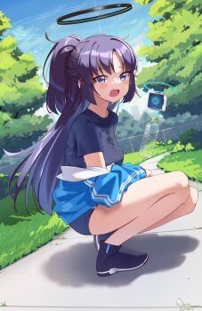 1girl black_hair black_shirt black_shoes blue_archive blue_buruma blue_eyes blue_jacket blush bottle buruma from_side halo highres jacket long_hair novareeee off_shoulder open_mouth outdoors path ponytail road shirt shoes short_sleeves solo squatting sweat thighs track_jacket tree water_bottle wet wet_clothes wet_shirt yuuka_(blue_archive) yuuka_(track)_(blue_archive)
