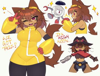 1girl :3 animal_ears bare_shoulders black_hat black_pants breasts brown_hair cat_ears cat_girl cat_tail chaps commentary cowboy_hat cowboy_shot cowgirl_(western) cropped_legs cropped_torso dark-skinned_female dark_skin denim dress english_commentary english_text furry furry_female gameoverse gauntlets goggles goggles_on_head gun hand_on_own_hip handgun hat highres kaboodle_(gameoverse) kit_bodega looking_at_viewer medium_breasts multiple_expressions multiple_views narrow_waist octoberrk one_eye_closed pants parted_bangs red_eyes revolver short_hair simple_background sleeveless sleeveless_dress smile solo standing star_(symbol) tail weapon whiskers white_background yellow_dress yellow_gauntlets