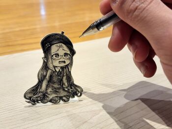 Rule 34 | 1girl, 1other, beret, commentary, commission, corrupted twitter file, english commentary, glasses, graphite (medium), hat, highres, holding, holding pencil, hololive, hololive english, jqhnharqld, long hair, mechanical pencil, ninomae ina'nis, ninomae ina'nis (casual), paper child, papercraft (medium), pencil, photo (medium), pointy ears, seiza, sitting, tears, tentacle hair, tic-tac-toe, traditional media, unconventional media, virtual youtuber