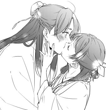 1boy 1girl assertive_female beads blush braid bun_cover chocomint_726 closed_eyes commentary_request greyscale hair_beads hair_bun hair_ornament hair_over_shoulder hair_ribbon half_updo hand_on_another&#039;s_cheek hand_on_another&#039;s_face hetero highres jinshi_(kusuriya_no_hitorigoto) kiss kusuriya_no_hitorigoto maomao_(kusuriya_no_hitorigoto) monochrome ribbon screentones side_braid sweatdrop upper_body white_background wide-eyed wide_sleeves