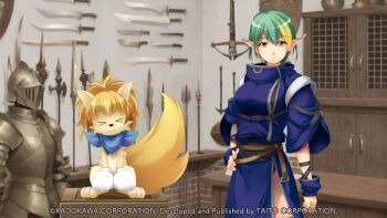 >_< 1girl animal_ears animal_nose armor atelier-moo belt blonde_hair blue_scarf body_fur bow_(weapon) breasts brown_fur clenched_hands closed_eyes closed_mouth colored_tips company_name copyright_notice creature crossbow dagger day dog_ears dog_tail earrings elf elle_louise full_armor game_cg gloves green_hair hair_between_eyes halberd hand_on_own_hip indoors jewelry knife large_breasts looking_at_viewer medium_hair multicolored_hair non-web_source pointy_ears polearm scarf shield shop short_hair short_sleeves spear standing sword tail teddy_(yuukyuu_gensoukyoku) thick_eyebrows thighs wavy_mouth weapon white_gloves wooden_box yellow_eyes yuukyuu_gensoukyoku yuukyuu_gensoukyoku_revival