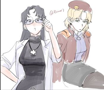 Rule 34 | 2girls, akagi ritsuko, akagi ritsuko (cosplay), blonde hair, breasts, cosplay, costume switch, cross, cross necklace, earrings, female focus, glasses, green eyes, highres, jacket, jewelry, katsuragi misato, katsuragi misato (cosplay), lab coat, mokmo, mokmo, mole, mole under eye, multiple girls, necklace, neon genesis evangelion, open mouth, pantyhose, red jacket, simple background, sitting, skirt, twitter username, white background